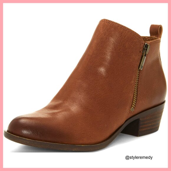 Leather Ankle Boots with Stacked Heel and Dual Zippers